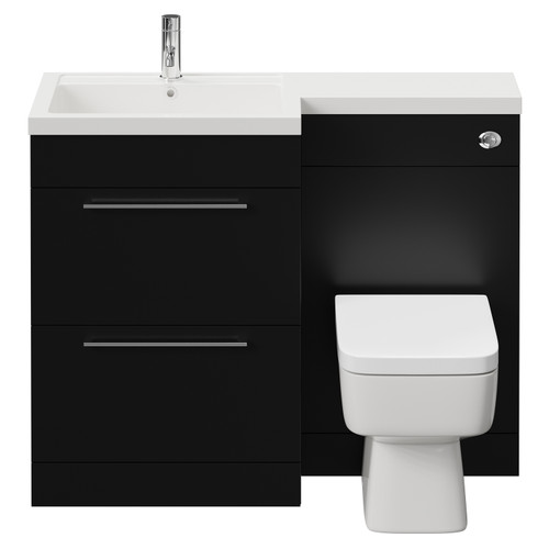Napoli Combination Matt Black 1100mm Vanity Unit Toilet Suite with Left Hand L Shaped 1 Tap Hole Basin and 2 Drawers with Chrome Handles View from Front