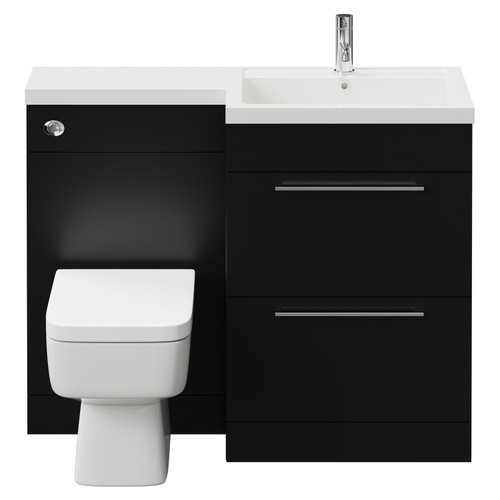 Napoli Combination Matt Black 1100mm Vanity Unit Toilet Suite with Right Hand L Shaped 1 Tap Hole Basin and 2 Drawers with Chrome Handles View from Front