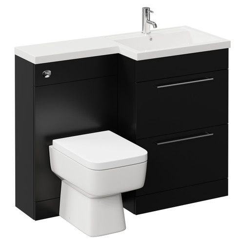 Napoli Combination Matt Black 1100mm Vanity Unit Toilet Suite with Right Hand L Shaped 1 Tap Hole Basin and 2 Drawers with Chrome Handles Left Hand View