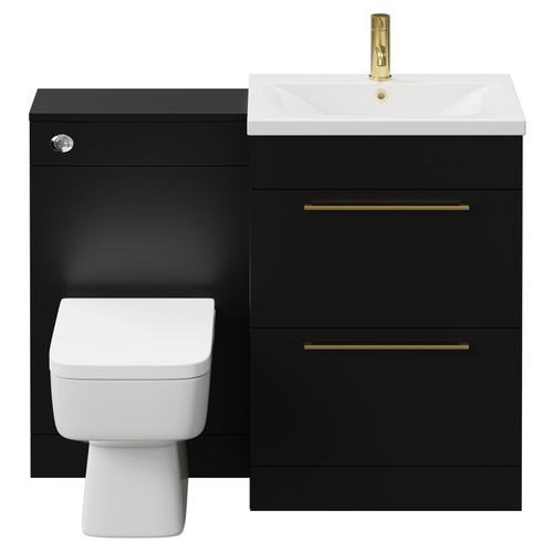 Napoli Matt Black 1100mm Vanity Unit Toilet Suite with 1 Tap Hole Basin and 2 Drawers with Brushed Brass Handles View from Front