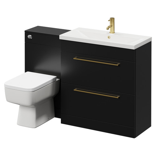 Napoli Matt Black 1300mm Vanity Unit Toilet Suite with 1 Tap Hole Basin and 2 Drawers with Brushed Brass Handles Right Hand View