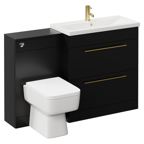 Napoli Matt Black 1300mm Vanity Unit Toilet Suite with 1 Tap Hole Basin and 2 Drawers with Brushed Brass Handles Left Hand View