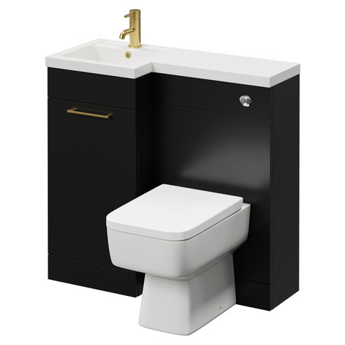 Napoli Combination Matt Black 900mm Vanity Unit Toilet Suite with Left Hand L Shaped 1 Tap Hole Basin and Single Door with Brushed Brass Handle Right Hand View