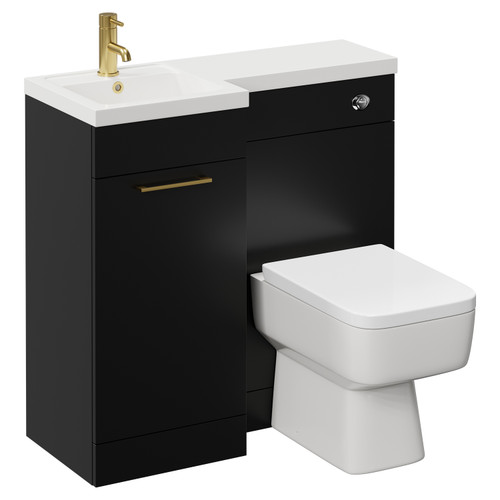 Napoli Combination Matt Black 900mm Vanity Unit Toilet Suite with Left Hand L Shaped 1 Tap Hole Basin and Single Door with Brushed Brass Handle Left Hand View