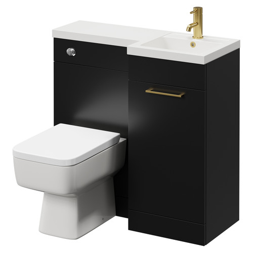 Napoli Combination Matt Black 900mm Vanity Unit Toilet Suite with Right Hand L Shaped 1 Tap Hole Basin and Single Door with Brushed Brass Handle Right Hand View
