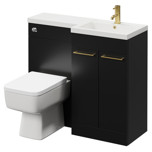 Napoli Combination Matt Black 1000mm Vanity Unit Toilet Suite with Right Hand L Shaped 1 Tap Hole Basin and 2 Doors with Brushed Brass Handles Right Hand View