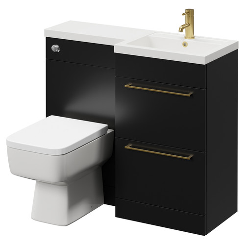Napoli Combination Matt Black 1000mm Vanity Unit Toilet Suite with Right Hand L Shaped 1 Tap Hole Basin and 2 Drawers with Brushed Brass Handles Right Hand View