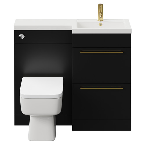 Napoli Combination Matt Black 1000mm Vanity Unit Toilet Suite with Right Hand L Shaped 1 Tap Hole Basin and 2 Drawers with Brushed Brass Handles View from Front