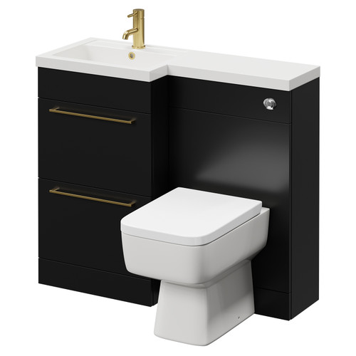 Napoli Combination Matt Black 1000mm Vanity Unit Toilet Suite with Left Hand L Shaped 1 Tap Hole Basin and 2 Drawers with Brushed Brass Handles Right Hand View