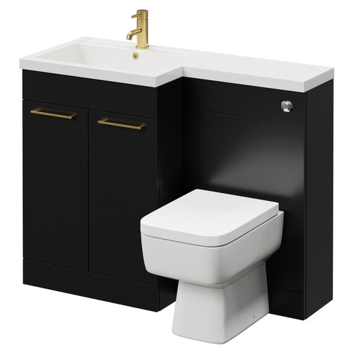 Napoli Combination Matt Black 1100mm Vanity Unit Toilet Suite with Left Hand L Shaped 1 Tap Hole Basin and 2 Doors with Brushed Brass Handles Right Hand View