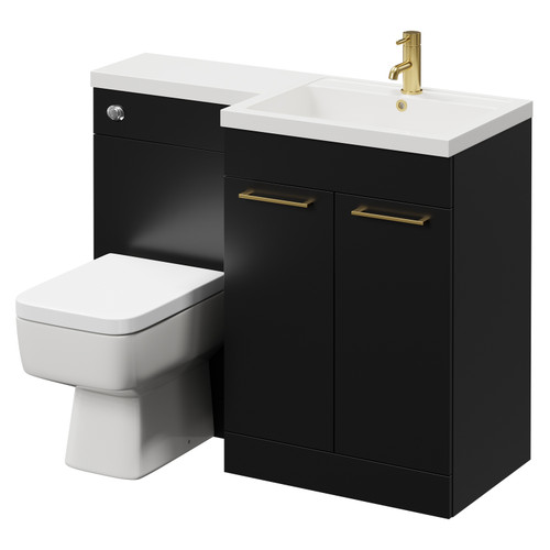 Napoli Combination Matt Black 1100mm Vanity Unit Toilet Suite with Right Hand L Shaped 1 Tap Hole Basin and 2 Doors with Brushed Brass Handles Right Hand View