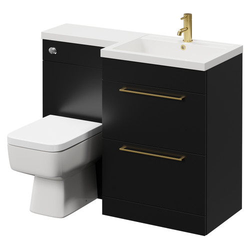 Napoli Combination Matt Black 1100mm Vanity Unit Toilet Suite with Right Hand L Shaped 1 Tap Hole Basin and 2 Drawers with Brushed Brass Handles Right Hand View