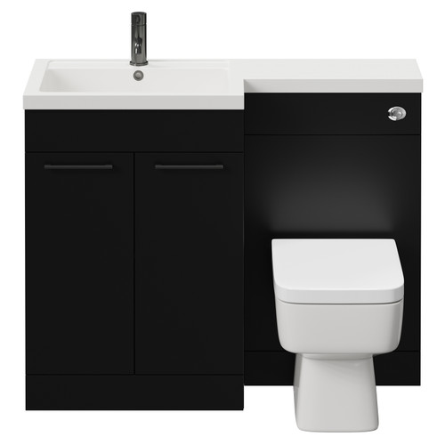Napoli Combination Matt Black 1100mm Vanity Unit Toilet Suite with Left Hand L Shaped 1 Tap Hole Basin and 2 Doors with Gunmetal Grey Handles View from Front