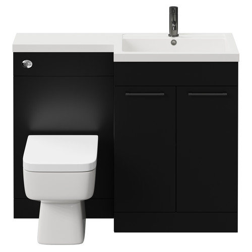 Napoli Combination Matt Black 1100mm Vanity Unit Toilet Suite with Right Hand L Shaped 1 Tap Hole Basin and 2 Doors with Gunmetal Grey Handles View from Front