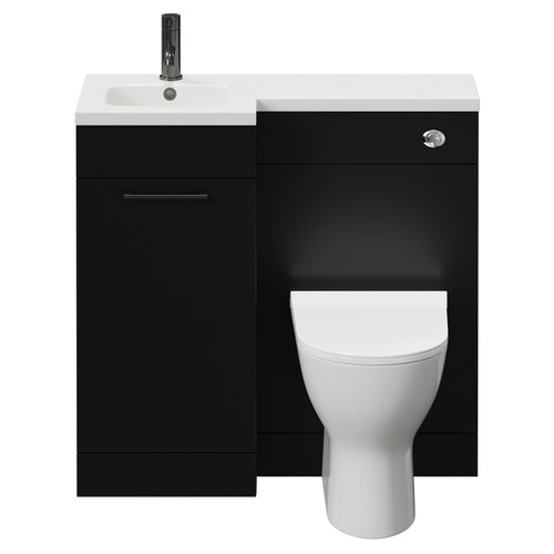 Napoli Combination Matt Black 900mm Vanity Unit Toilet Suite with Left Hand L Shaped 1 Tap Hole Round Basin and Single Door with Gunmetal Grey Handle View from Front
