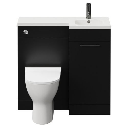 Napoli Combination Matt Black 900mm Vanity Unit Toilet Suite with Right Hand L Shaped 1 Tap Hole Round Basin and Single Door with Gunmetal Grey Handle View from Front