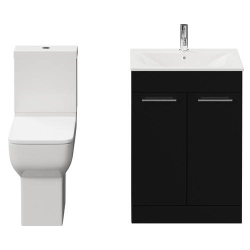 Napoli Matt Black 600mm Vanity Unit and Toilet Suite including Tacoma Comfort Height Toilet and Floor Standing Vanity Unit with 2 Doors and Chrome Handles View from Front