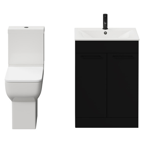 Napoli Matt Black 600mm Vanity Unit and Toilet Suite including Tacoma Comfort Height Toilet and Floor Standing Vanity Unit with 2 Drawers and Matt Black Handles View from Front