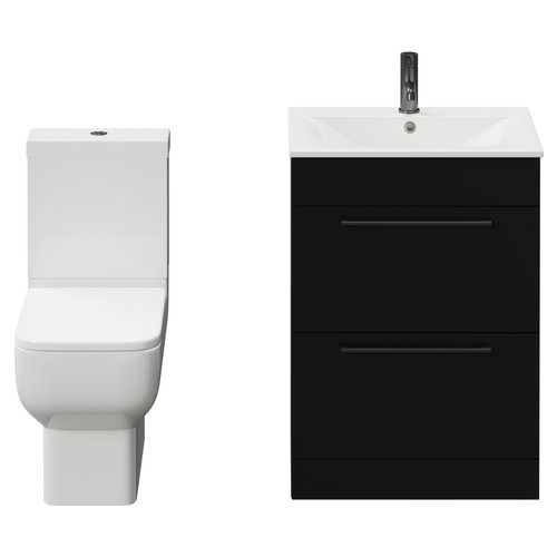 Napoli Matt Black 600mm Vanity Unit and Toilet Suite including Tacoma Close Coupled Toilet and Floor Standing Vanity Unit with 2 Drawers and Gunmetal Grey Handles View from Front