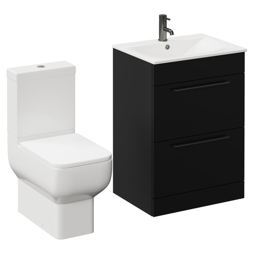 Napoli Matt Black 600mm Vanity Unit and Toilet Suite including Tacoma Close Coupled Toilet and Floor Standing Vanity Unit with 2 Drawers and Gunmetal Grey Handles Left Hand View