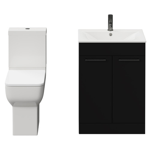 Napoli Matt Black 600mm Vanity Unit and Toilet Suite including Tacoma Comfort Height Toilet and Floor Standing Vanity Unit with 2 Doors and Gunmetal Grey Handles
 View from Front