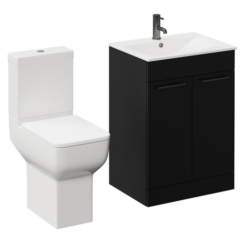 Napoli Matt Black 600mm Vanity Unit and Toilet Suite including Tacoma Comfort Height Toilet and Floor Standing Vanity Unit with 2 Doors and Gunmetal Grey Handles
 Left Hand View