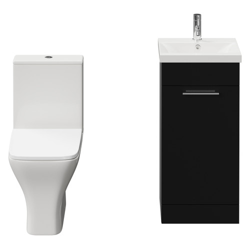 Napoli Matt Black 400mm Vanity Unit and Toilet Suite including Kingston Rimless Close Coupled Toilet and Floor Standing Vanity Unit with Single Door and Chrome Handle View from Front