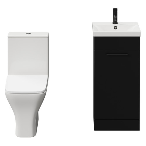 Napoli Matt Black 400mm Vanity Unit and Toilet Suite including Kingston Rimless Close Coupled Toilet and Floor Standing Vanity Unit with Single Door and Matt Black Handle View from Front