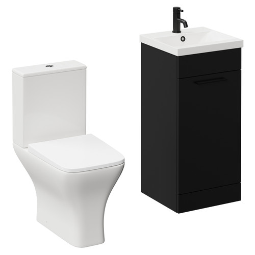 Napoli Matt Black 400mm Vanity Unit and Toilet Suite including Kingston Rimless Close Coupled Toilet and Floor Standing Vanity Unit with Single Door and Matt Black Handle Left Hand View