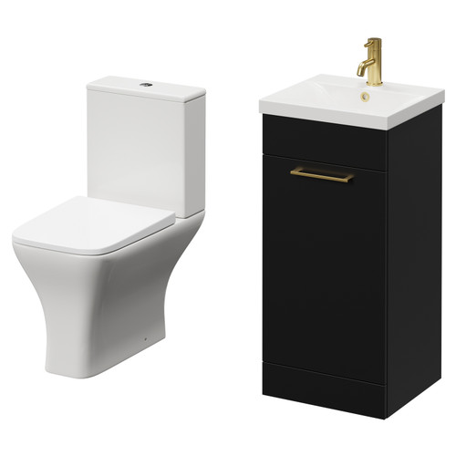 Napoli Matt Black 400mm Vanity Unit and Toilet Suite including Kingston Rimless Close Coupled Toilet and Floor Standing Vanity Unit with Single Door and Brushed Brass Handle Right Hand View