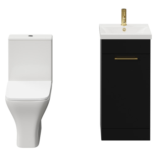 Napoli Matt Black 400mm Vanity Unit and Toilet Suite including Kingston Rimless Close Coupled Toilet and Floor Standing Vanity Unit with Single Door and Brushed Brass Handle View from Front