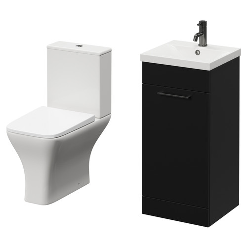 Napoli Matt Black 400mm Vanity Unit and Toilet Suite including Kingston Rimless Close Coupled Toilet and Floor Standing Vanity Unit with Single Door and Gunmetal Grey Handle Right Hand View