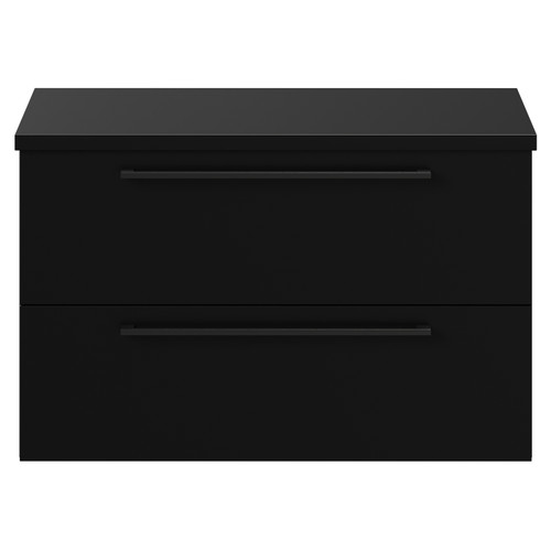 Napoli 390 Matt Black 800mm Wall Mounted Vanity Unit for Countertop Basins with 2 Drawers and Gunmetal Grey Handles View from Front
