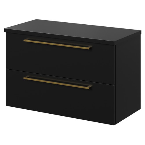 Napoli 390 Matt Black 800mm Wall Mounted Vanity Unit for Countertop Basins with 2 Drawers and Brushed Brass Handles Right Hand View