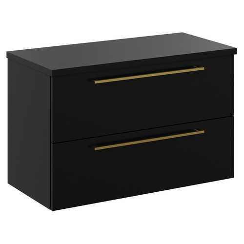 Napoli 390 Matt Black 800mm Wall Mounted Vanity Unit for Countertop Basins with 2 Drawers and Brushed Brass Handles Left Hand View