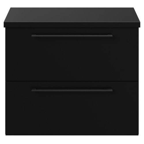 Napoli 390 Matt Black 600mm Wall Mounted Vanity Unit for Countertop Basins with 2 Drawers and Gunmetal Grey Handles View from Front