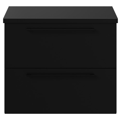 Napoli 390 Matt Black 600mm Wall Mounted Vanity Unit for Countertop Basins with 2 Drawers and Matt Black Handles View from Front