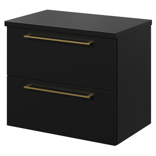 Napoli 390 Matt Black 600mm Wall Mounted Vanity Unit for Countertop Basins with 2 Drawers and Brushed Brass Handles Right Hand View