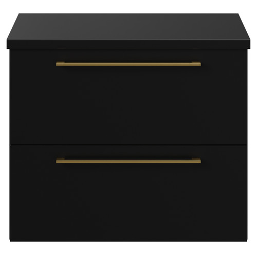 Napoli 390 Matt Black 600mm Wall Mounted Vanity Unit for Countertop Basins with 2 Drawers and Brushed Brass Handles View from Front