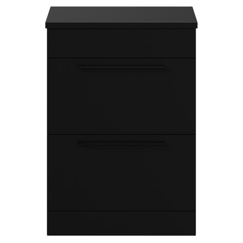 Napoli 390 Matt Black 600mm Floor Standing Vanity Unit for Countertop Basins with 2 Drawers and Matt Black Handles View from Front