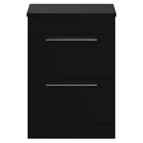Napoli 390 Matt Black 600mm Floor Standing Vanity Unit for Countertop Basins with 2 Drawers and Chrome Handles View from Front
