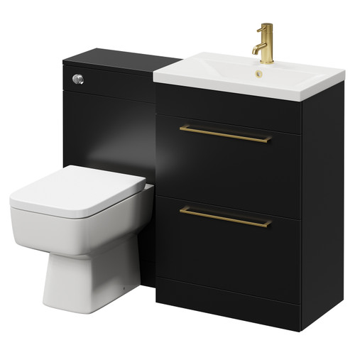 Napoli 390 Colore Matt Black 1100mm Vanity Unit Toilet Suite with 1 Tap Hole Glide Basin and 2 Drawers with Brushed Brass Handles Right Hand View