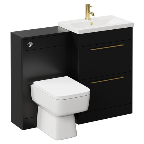 Napoli 390 Colore Matt Black 1100mm Vanity Unit Toilet Suite with 1 Tap Hole Glide Basin and 2 Drawers with Brushed Brass Handles Left Hand View