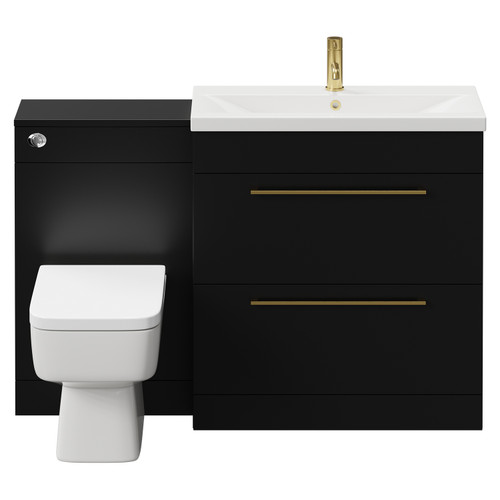 Napoli 390 Matt Black 1300mm Vanity Unit Toilet Suite with 1 Tap Hole Glide Basin and 2 Drawers with Brushed Brass Handles View from Front