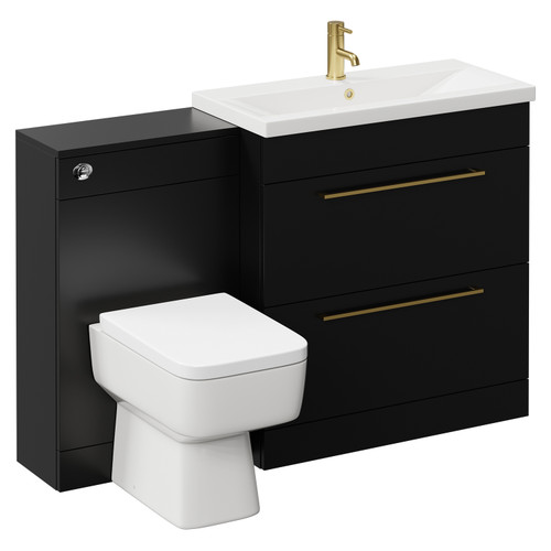 Napoli 390 Matt Black 1300mm Vanity Unit Toilet Suite with 1 Tap Hole Glide Basin and 2 Drawers with Brushed Brass Handles Left Hand View
