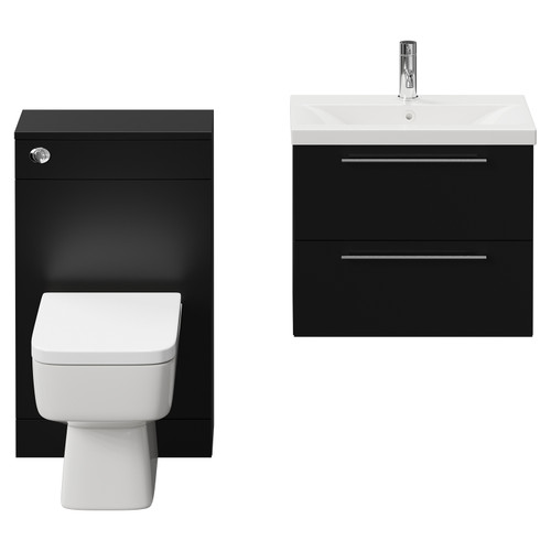 Napoli 390 Matt Black 1100mm Wall Mounted Vanity Unit Toilet Suite with 1 Tap Hole Glide Basin and 2 Drawers with Chrome Handles View from Front