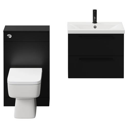 Napoli 390 Matt Black 1100mm Wall Mounted Vanity Unit Toilet Suite with 1 Tap Hole Glide Basin and 2 Drawers with Matt Black Handles View from Front