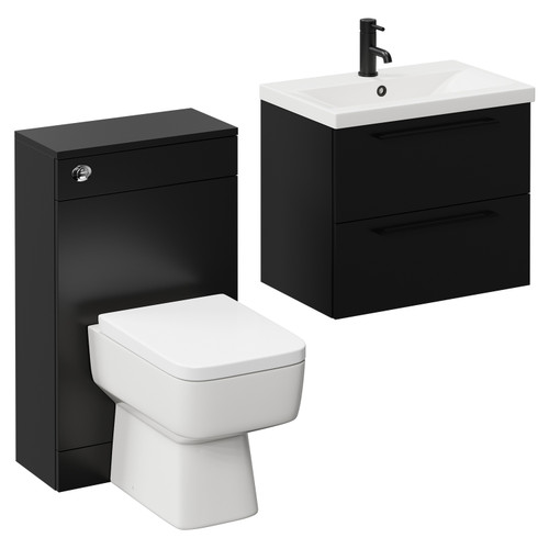 Napoli 390 Matt Black 1100mm Wall Mounted Vanity Unit Toilet Suite with 1 Tap Hole Glide Basin and 2 Drawers with Matt Black Handles Left Hand View