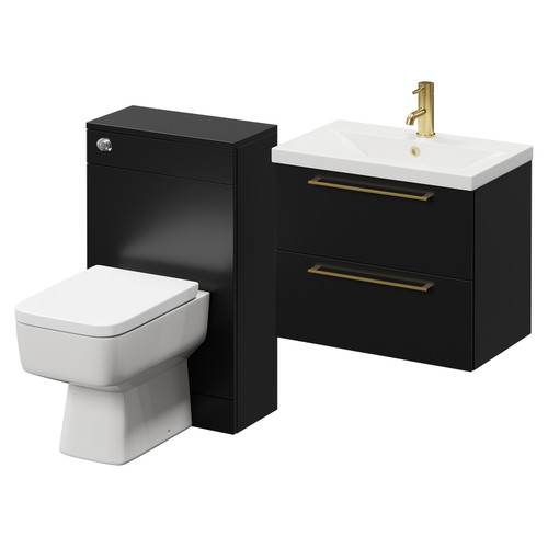 Napoli 390 Matt Black 1100mm Wall Mounted Vanity Unit Toilet Suite with 1 Tap Hole Glide Basin and 2 Drawers with Brushed Brass Handles Right Hand View