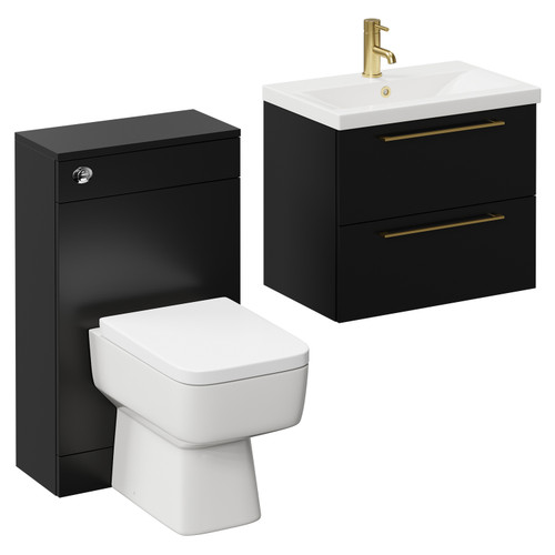 Napoli 390 Matt Black 1100mm Wall Mounted Vanity Unit Toilet Suite with 1 Tap Hole Glide Basin and 2 Drawers with Brushed Brass Handles Left Hand View